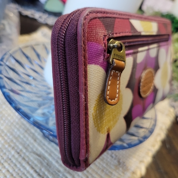 Fossil Leather Floral Zip Around Long Wallet Coated Canvas Pink Cream Retro EUC - Picture 4 of 13